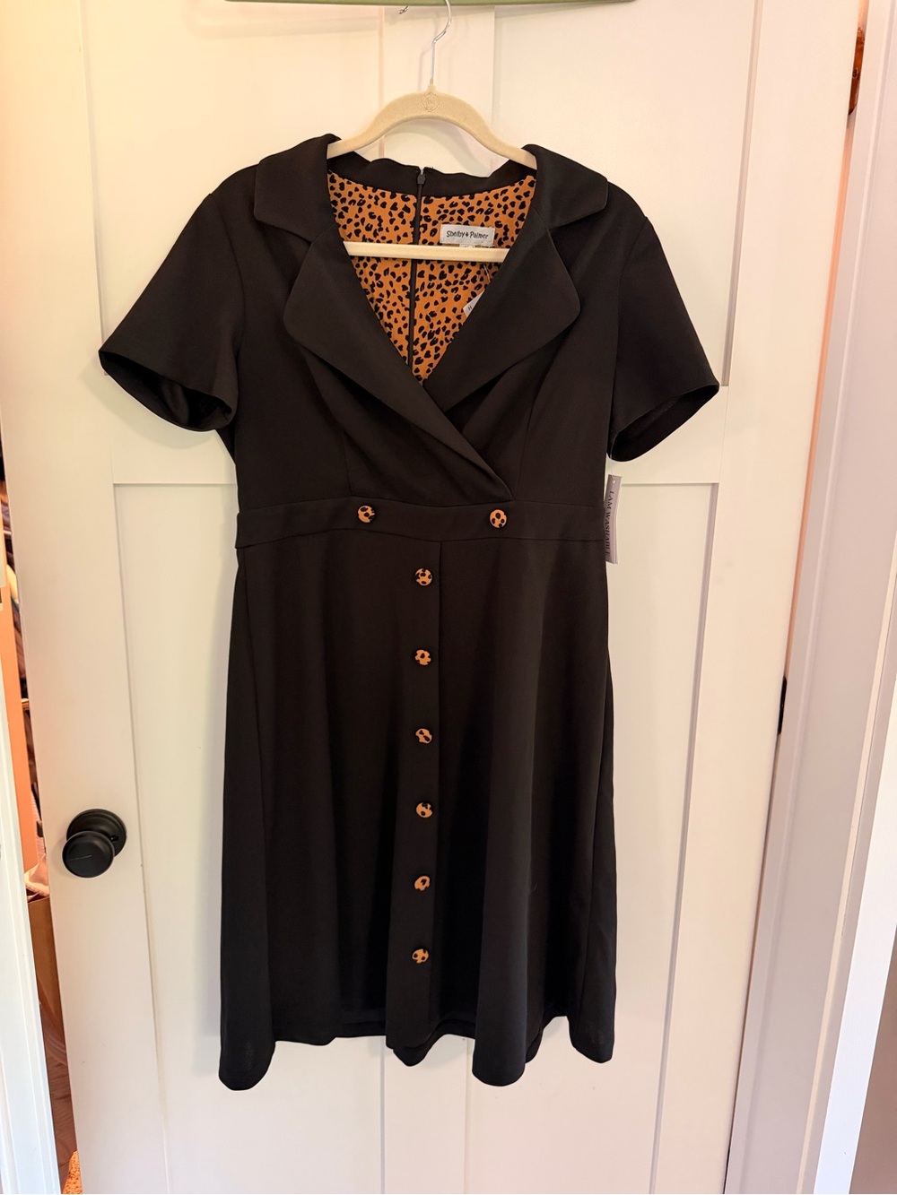 Shelby & Palmer Black Pin Up Style Midi Dress with Leopard-Print Lining